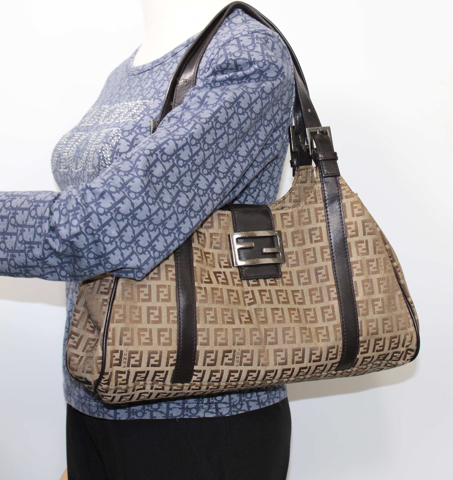 Fendi Brown Zucca Canvas Leather Baguette Shoulder Tote Bag