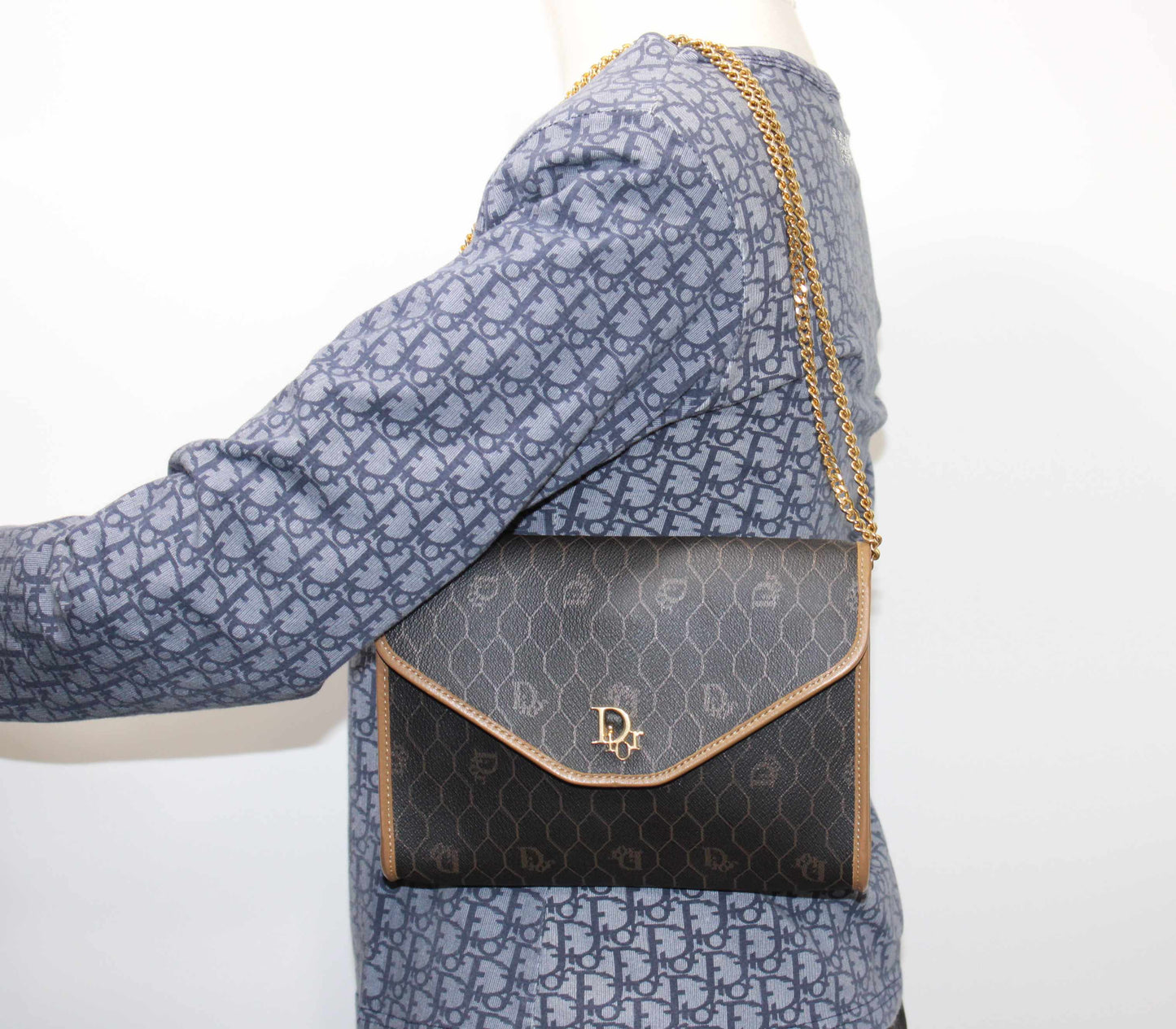 Christian Dior Brown Honeycomb Canvas Leather Chain Shoulder Bag