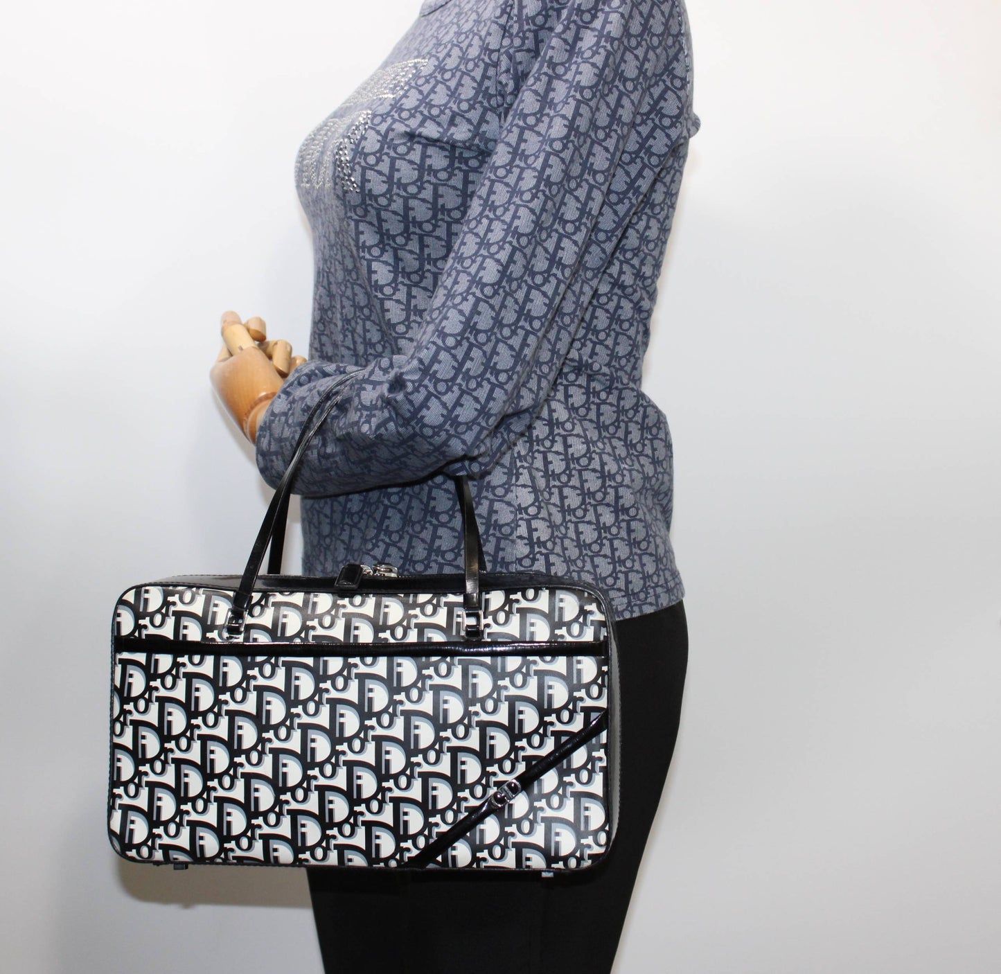 Christian Dior Black White Monogram Patent Leather Flat Boston Bag
