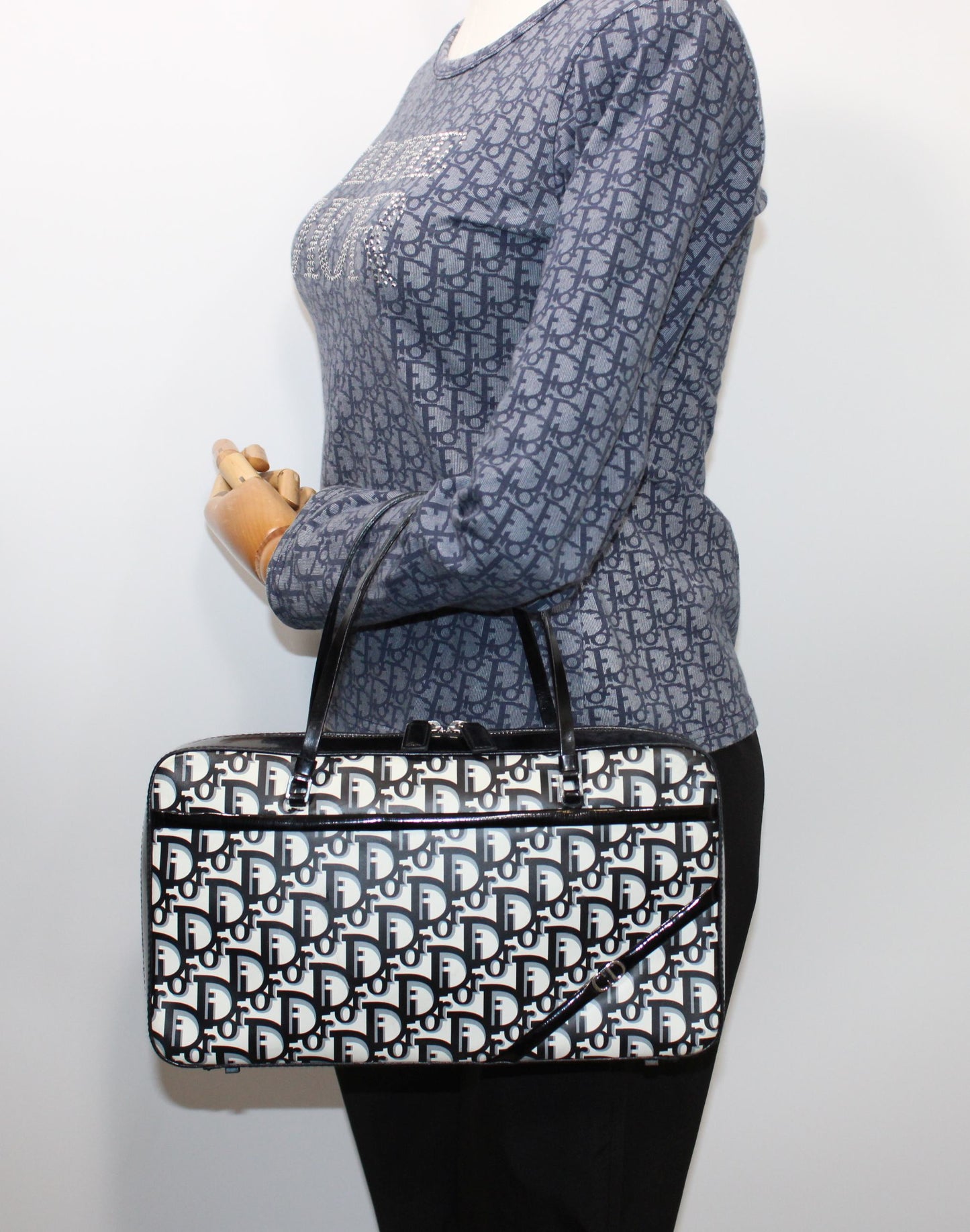 Christian Dior Black White Monogram Patent Leather Flat Boston Bag