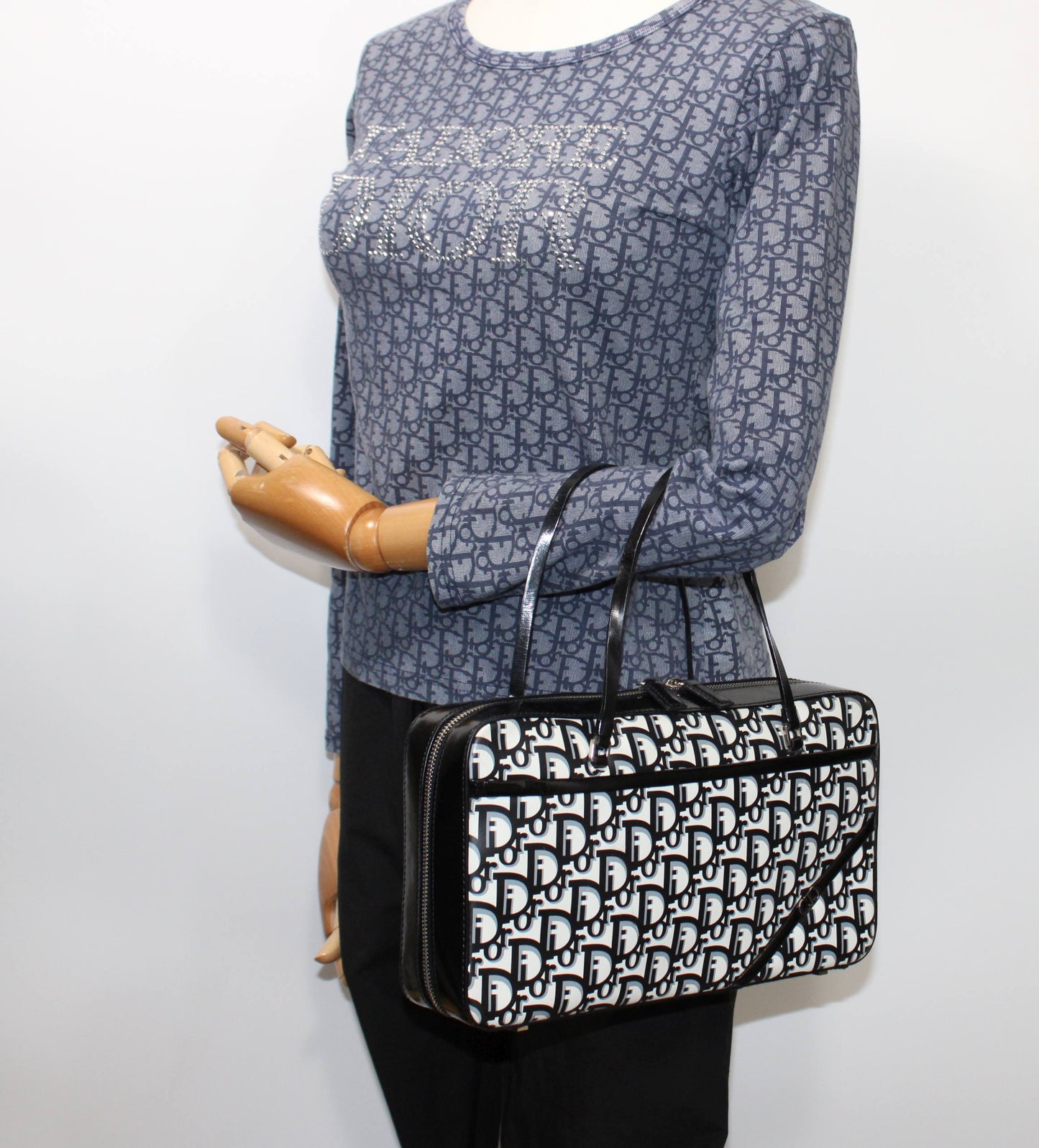 Christian Dior Black White Monogram Patent Leather Flat Boston Bag