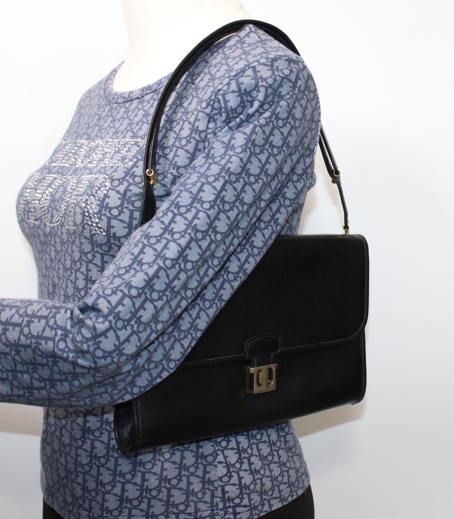 Christian Dior Black Leather Gold CD Clasp Shoulder Bag