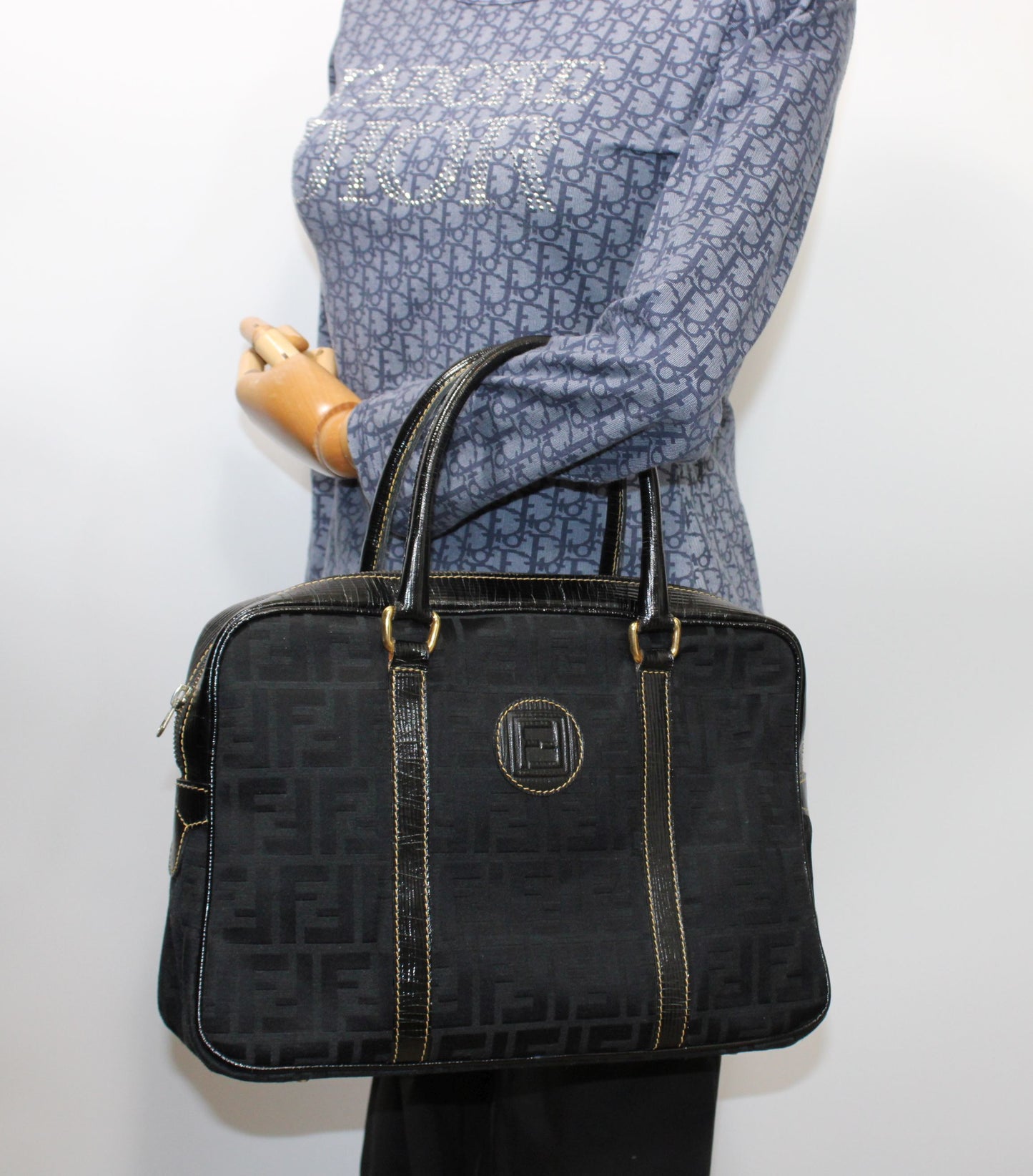 Fendi Black Zucca Canvas Leather Trim Boston Bag