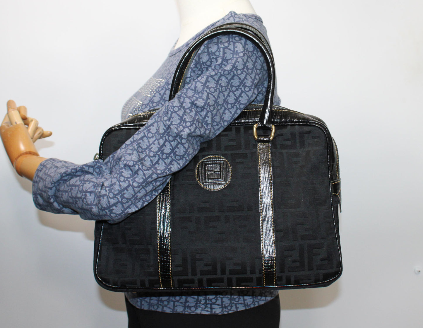 Fendi Black Zucca Canvas Leather Trim Boston Bag
