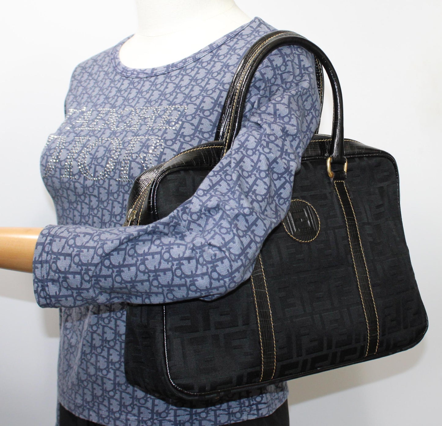 Fendi Black Zucca Canvas Leather Trim Boston Bag