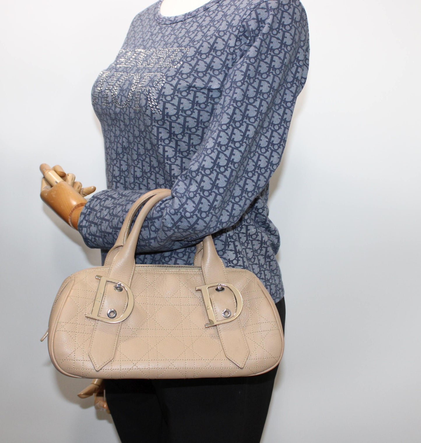 Christian Dior Beige Cannage Leather D Charm Boston Bag