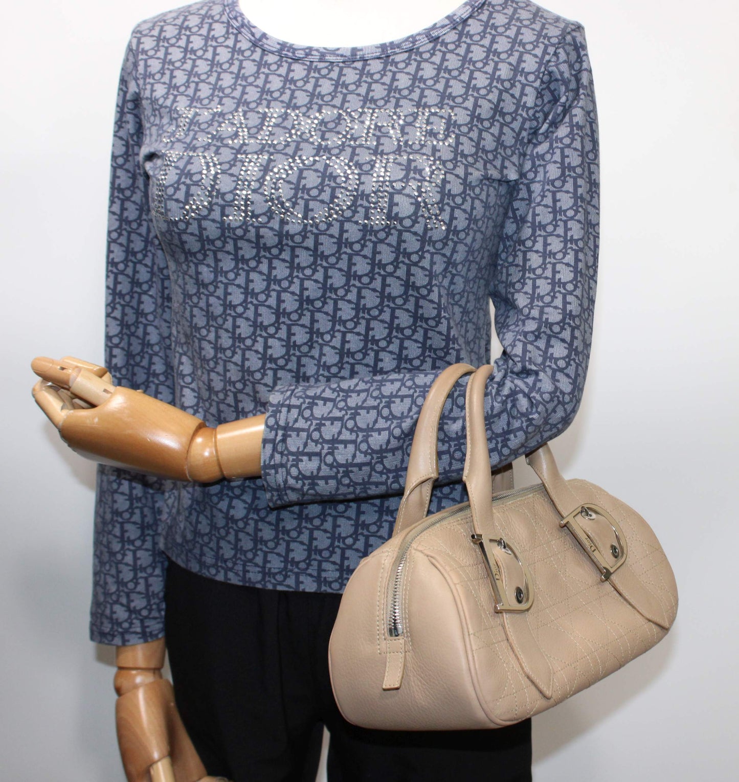 Christian Dior Beige Cannage Leather D Charm Boston Bag