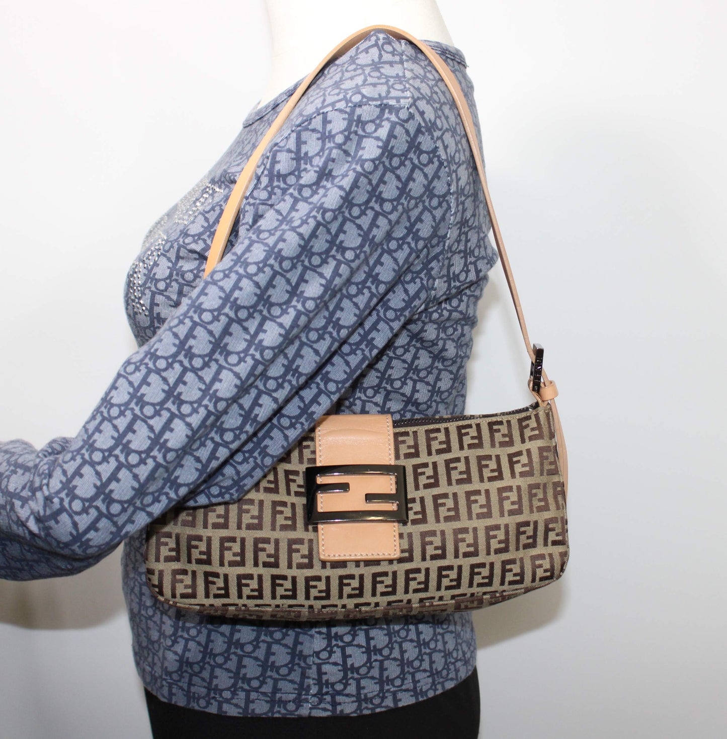 Fendi Beige Zucca Canvas Leather Baguette Shoulder Bag