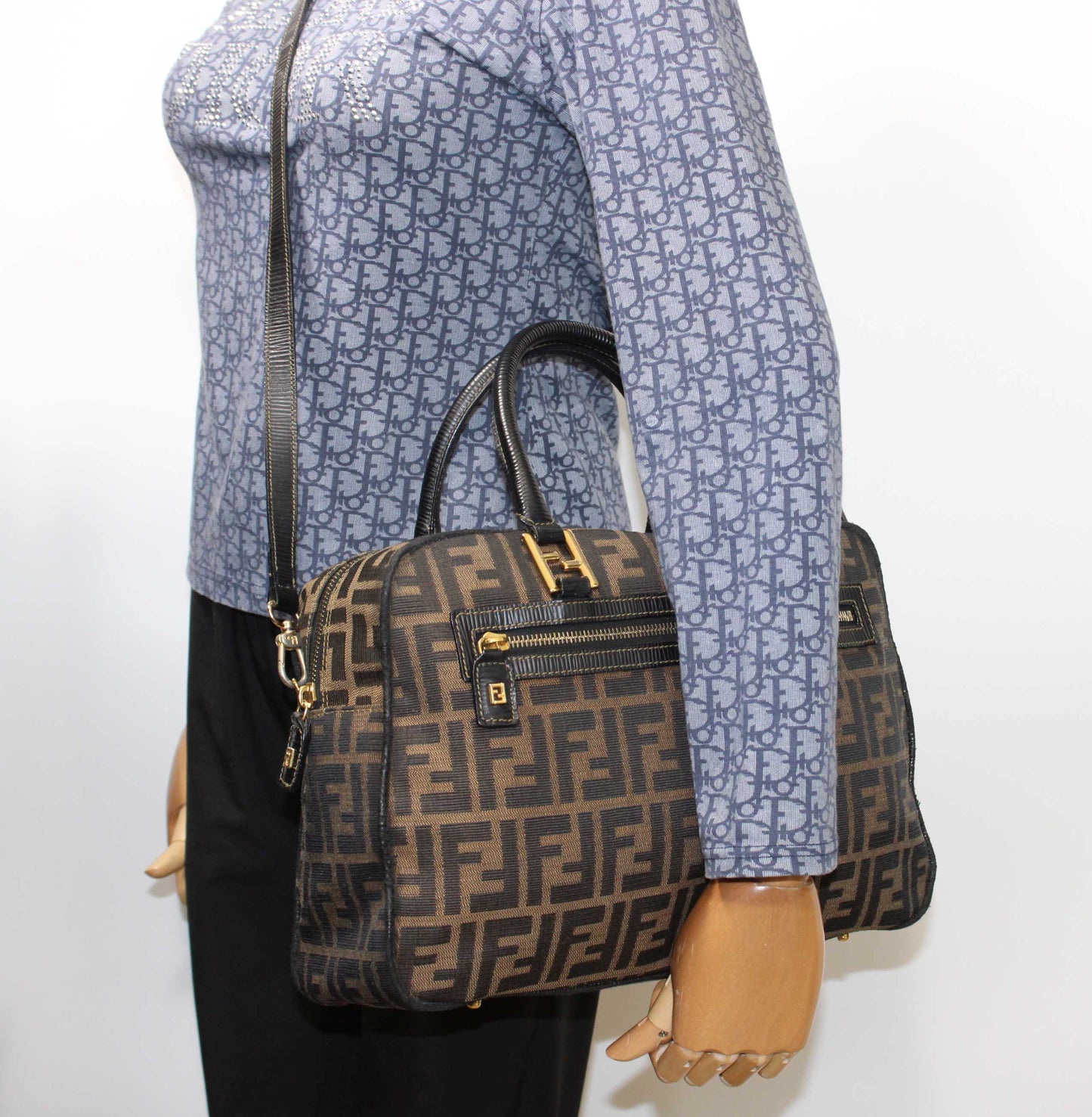 Fendi Zucca Brown Black Canvas Leather Boston Crossbody Bag