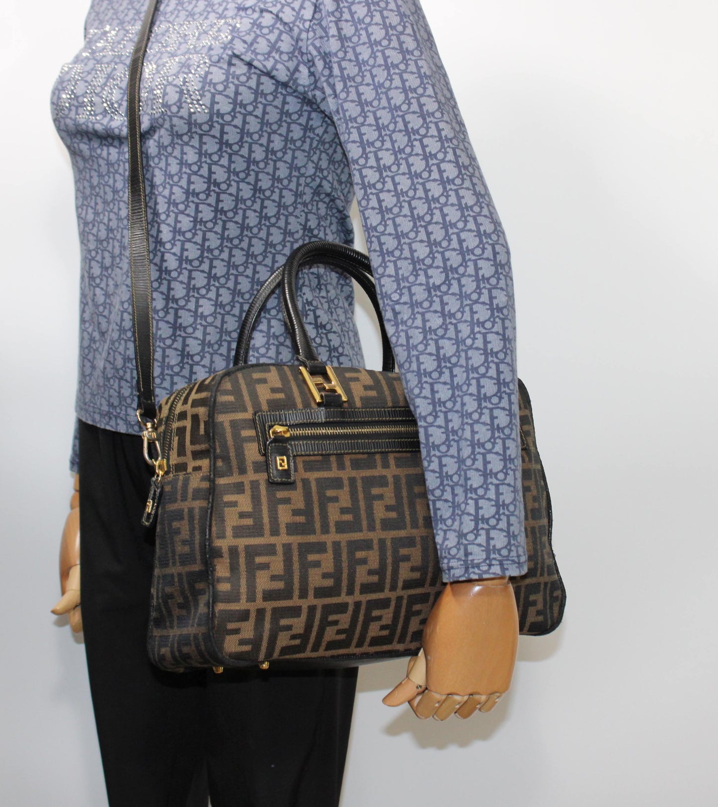 Fendi Zucca Brown Black Canvas Leather Boston Crossbody Bag