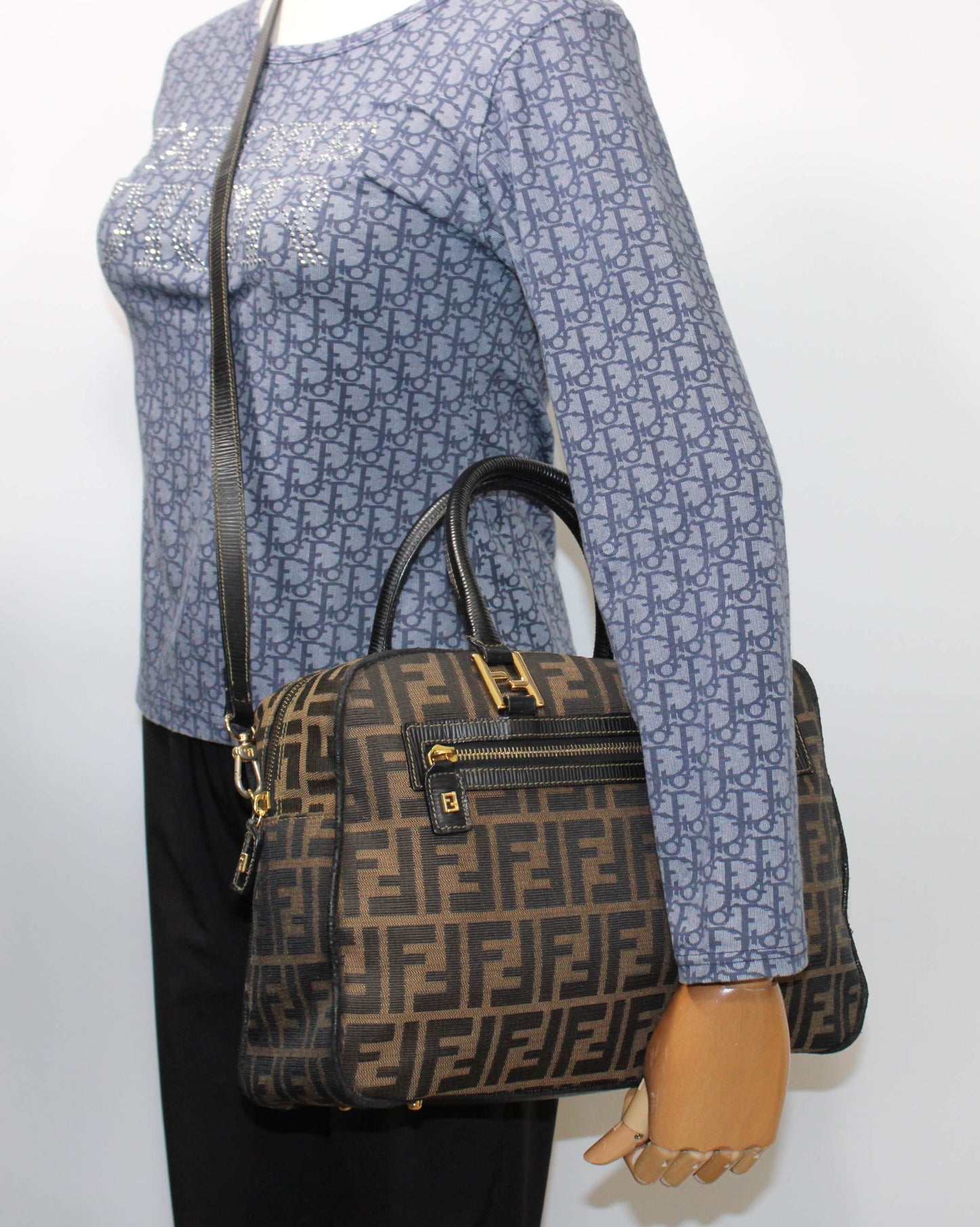 Fendi Zucca Brown Black Canvas Leather Boston Crossbody Bag