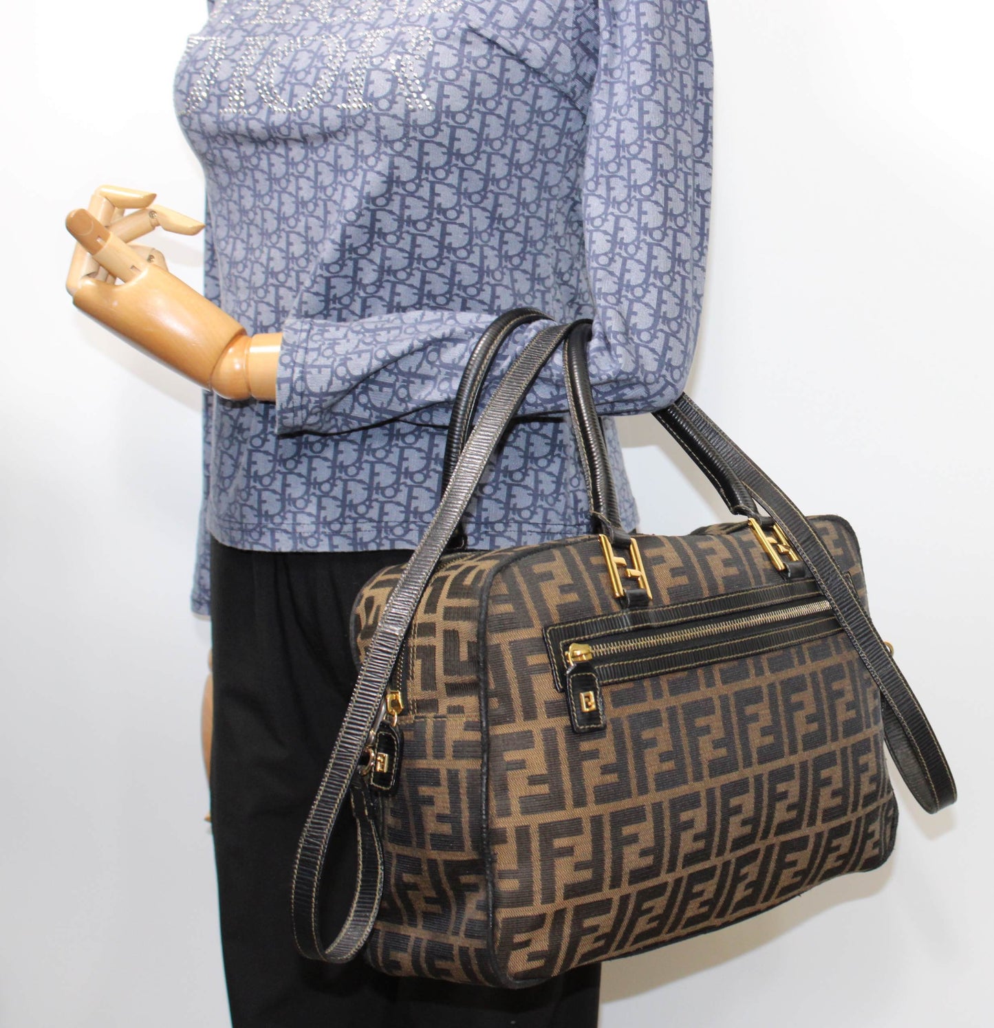 Fendi Zucca Brown Black Canvas Leather Boston Crossbody Bag