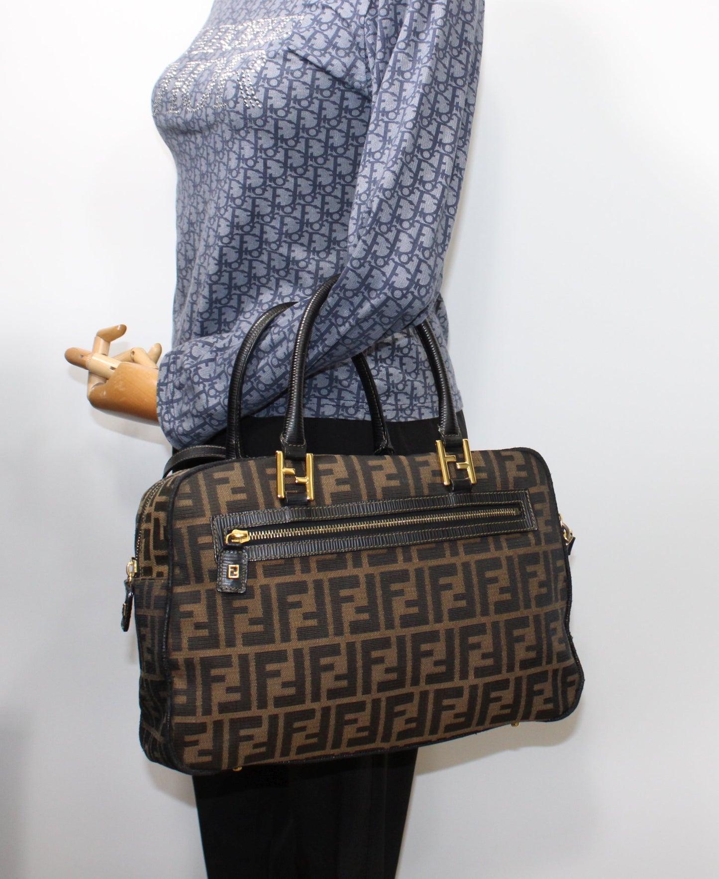 Fendi Zucca Brown Black Canvas Leather Boston Crossbody Bag