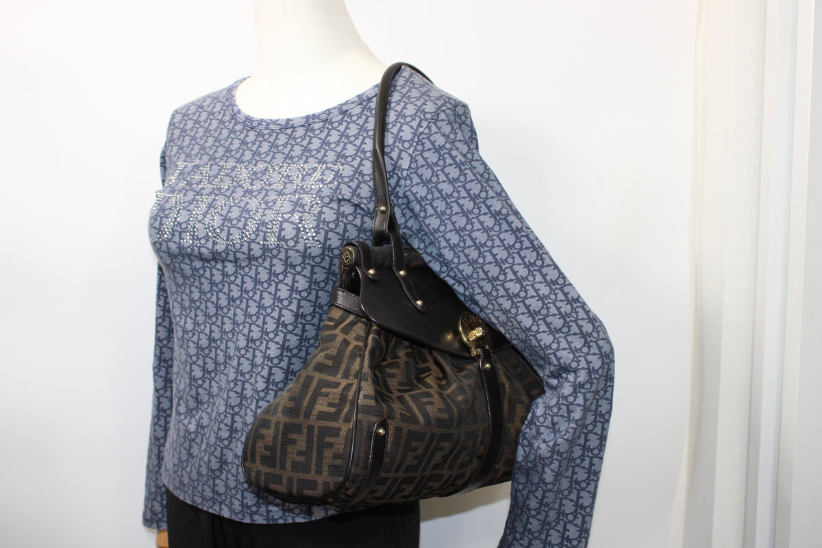 Fendi Brown Zucca Canvas Leather One Handle Flap Bag