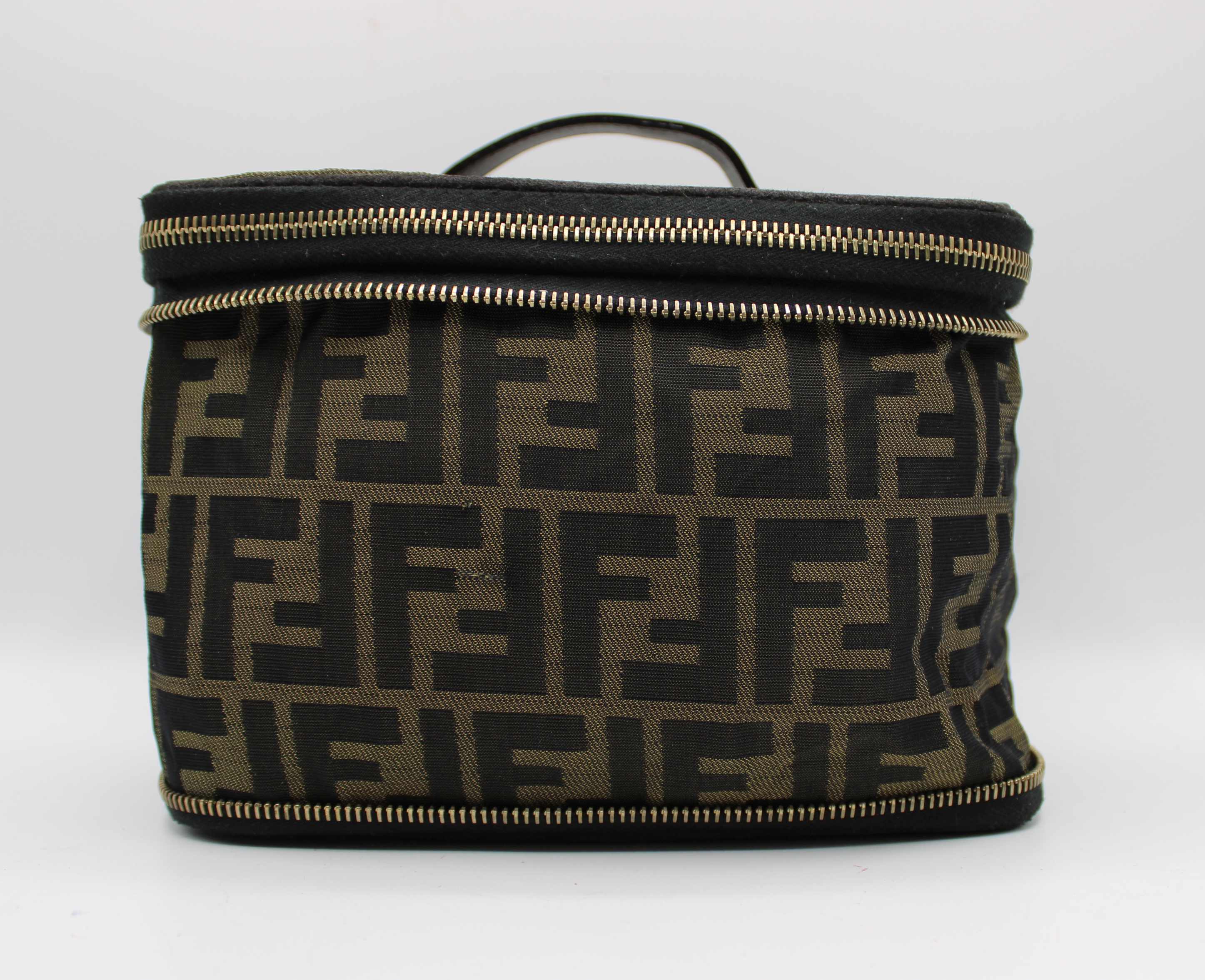 Fendi Brown Zucca Canvas Leather Vanity Pouch Bag