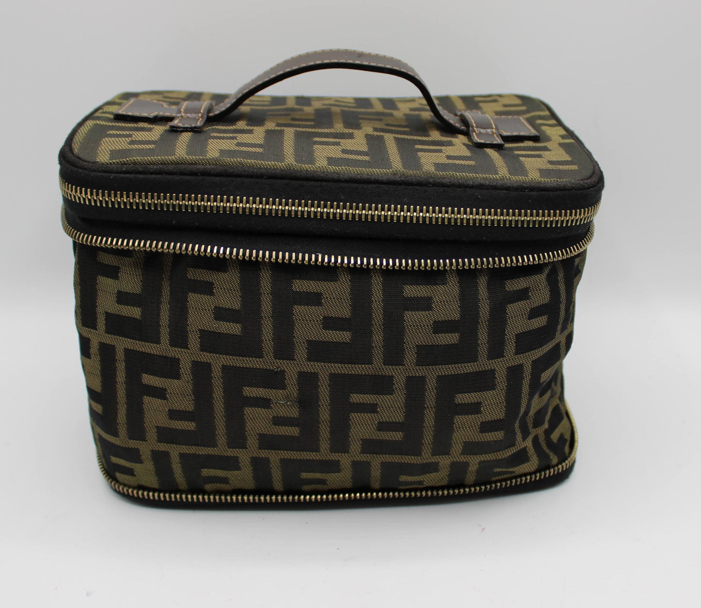 Fendi Brown Zucca Canvas Leather Vanity Pouch Bag