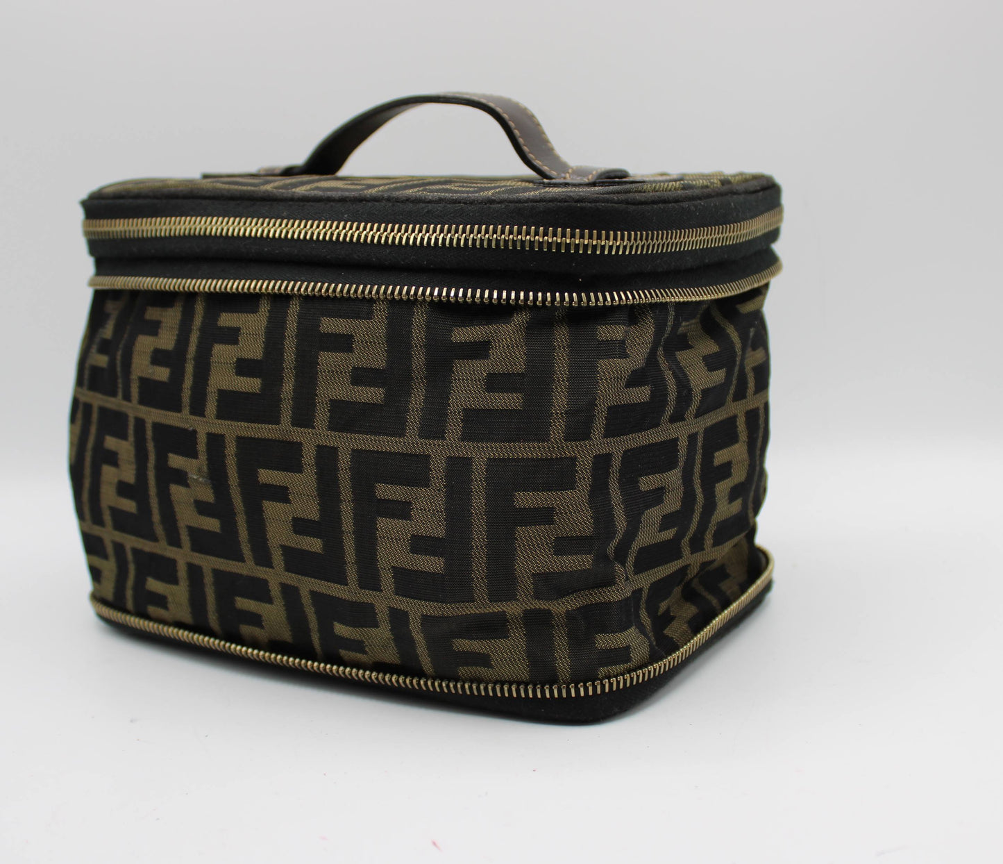 Fendi Brown Zucca Canvas Leather Vanity Pouch Bag