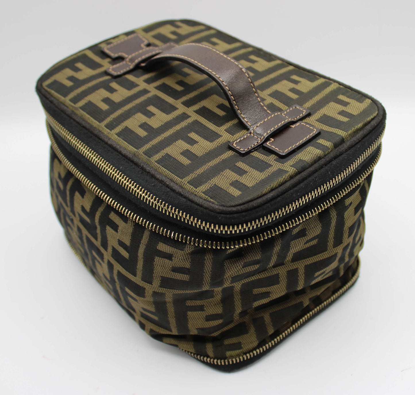 Fendi Brown Zucca Canvas Leather Vanity Pouch Bag