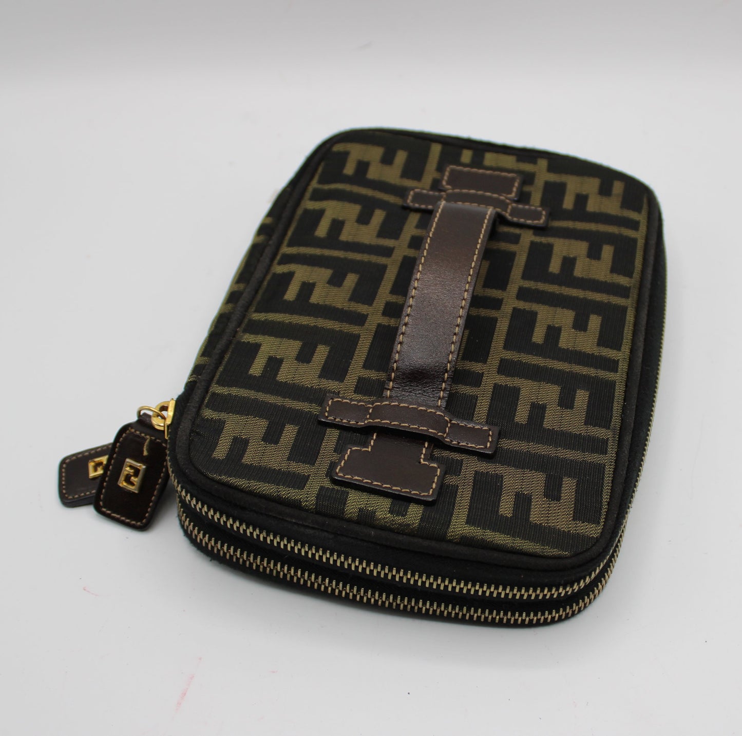 Fendi Brown Zucca Canvas Leather Vanity Pouch Bag