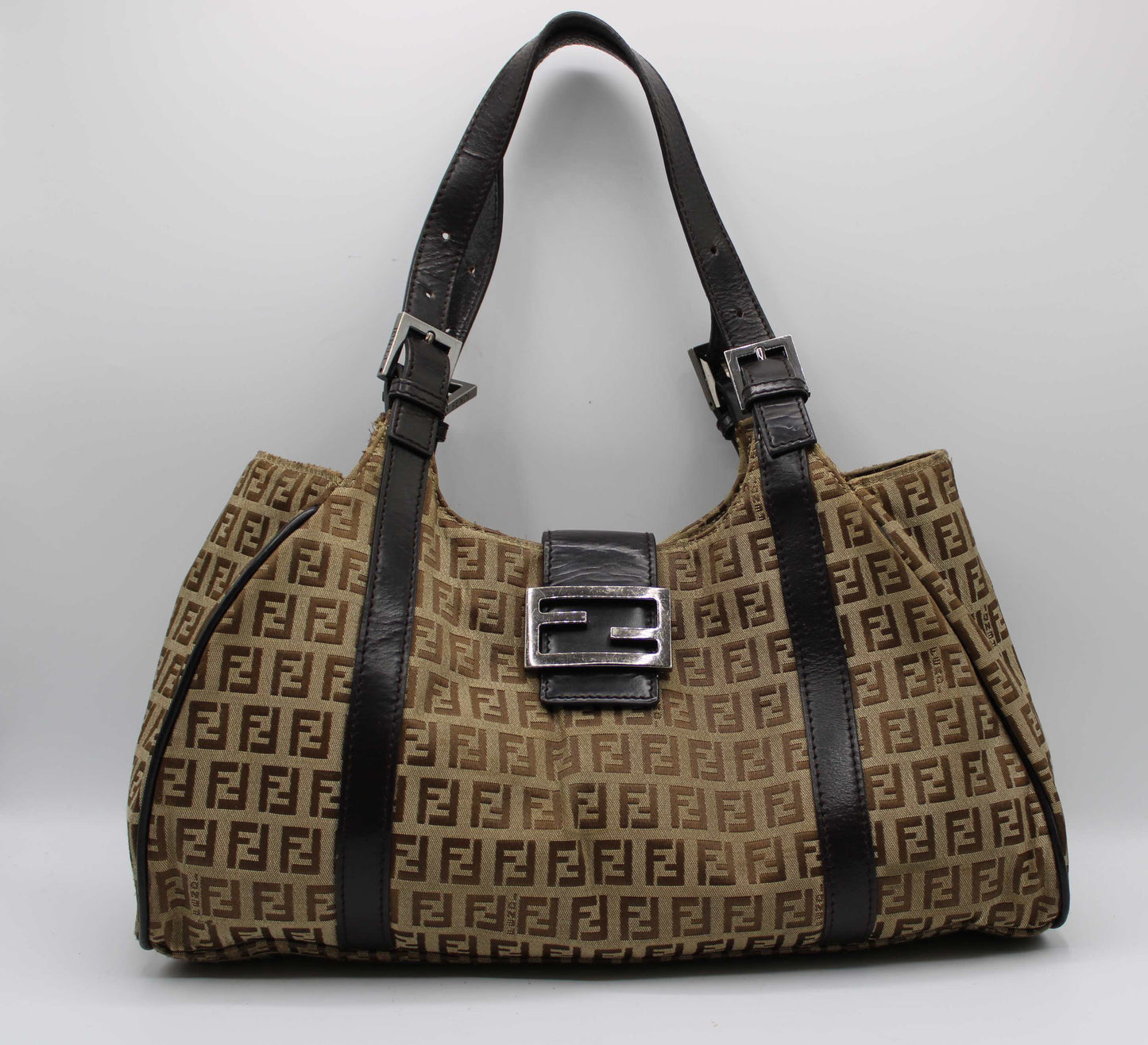 Fendi Brown Zucca Canvas Leather Baguette Shoulder Tote Bag