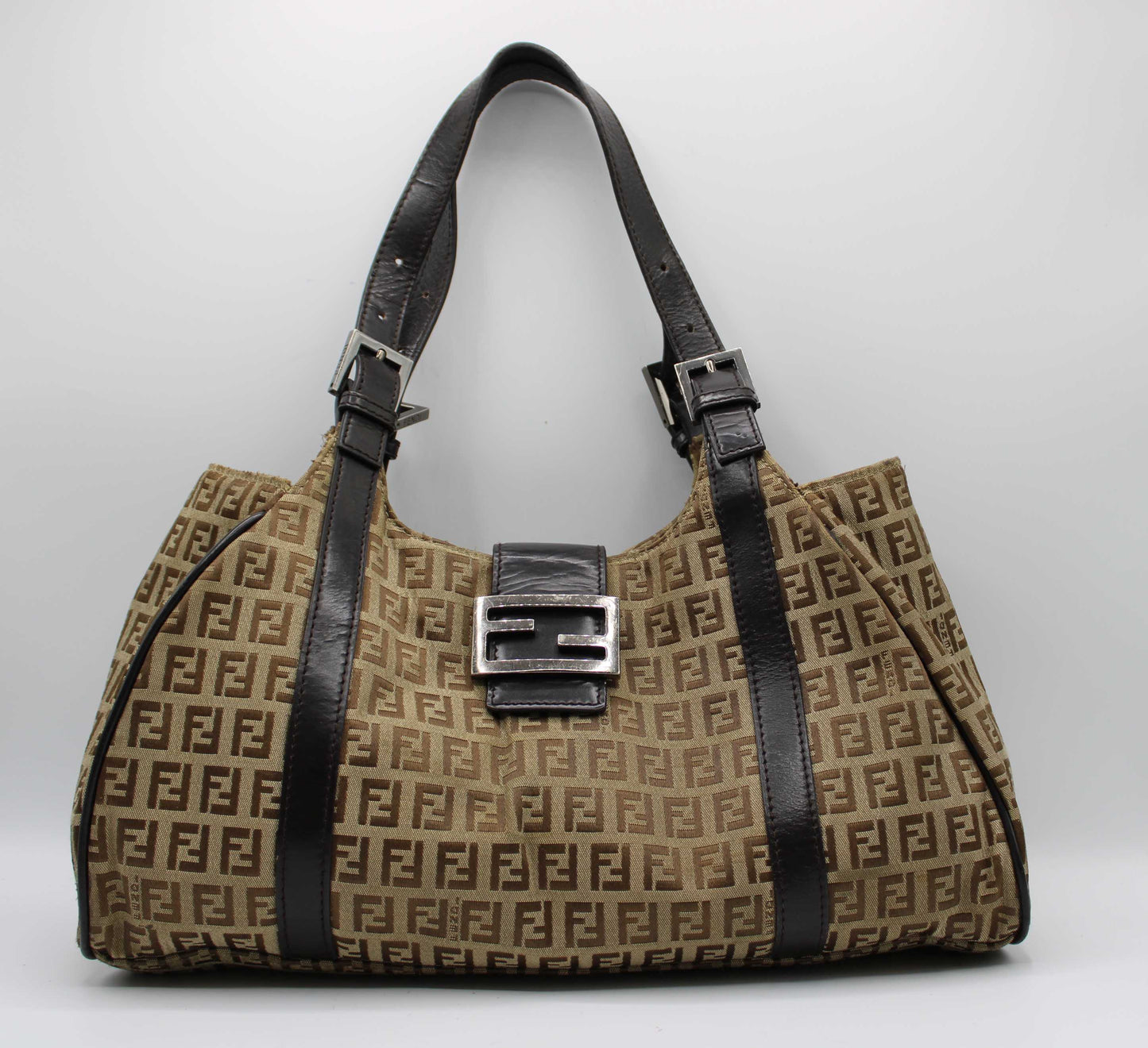 Fendi Brown Zucca Canvas Leather Baguette Shoulder Tote Bag