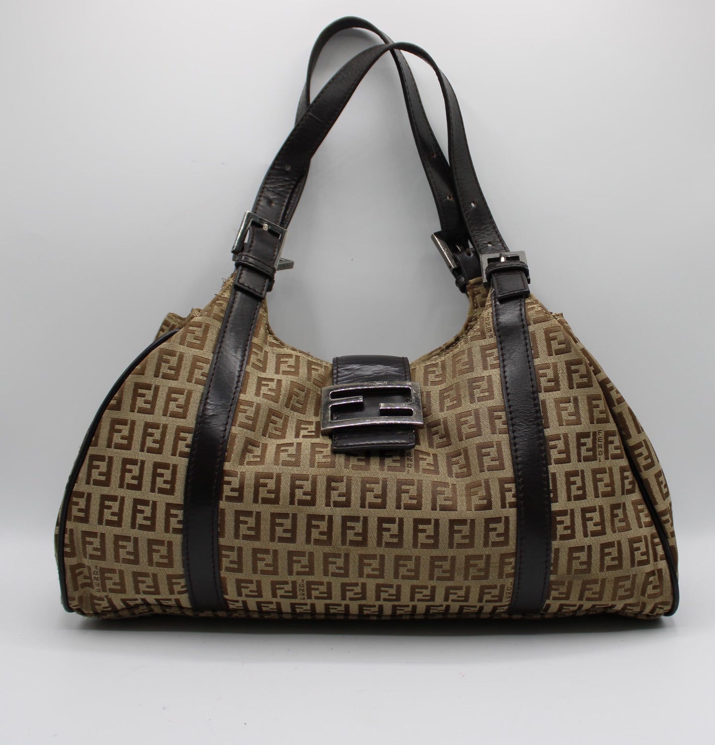 Fendi Brown Zucca Canvas Leather Baguette Shoulder Tote Bag