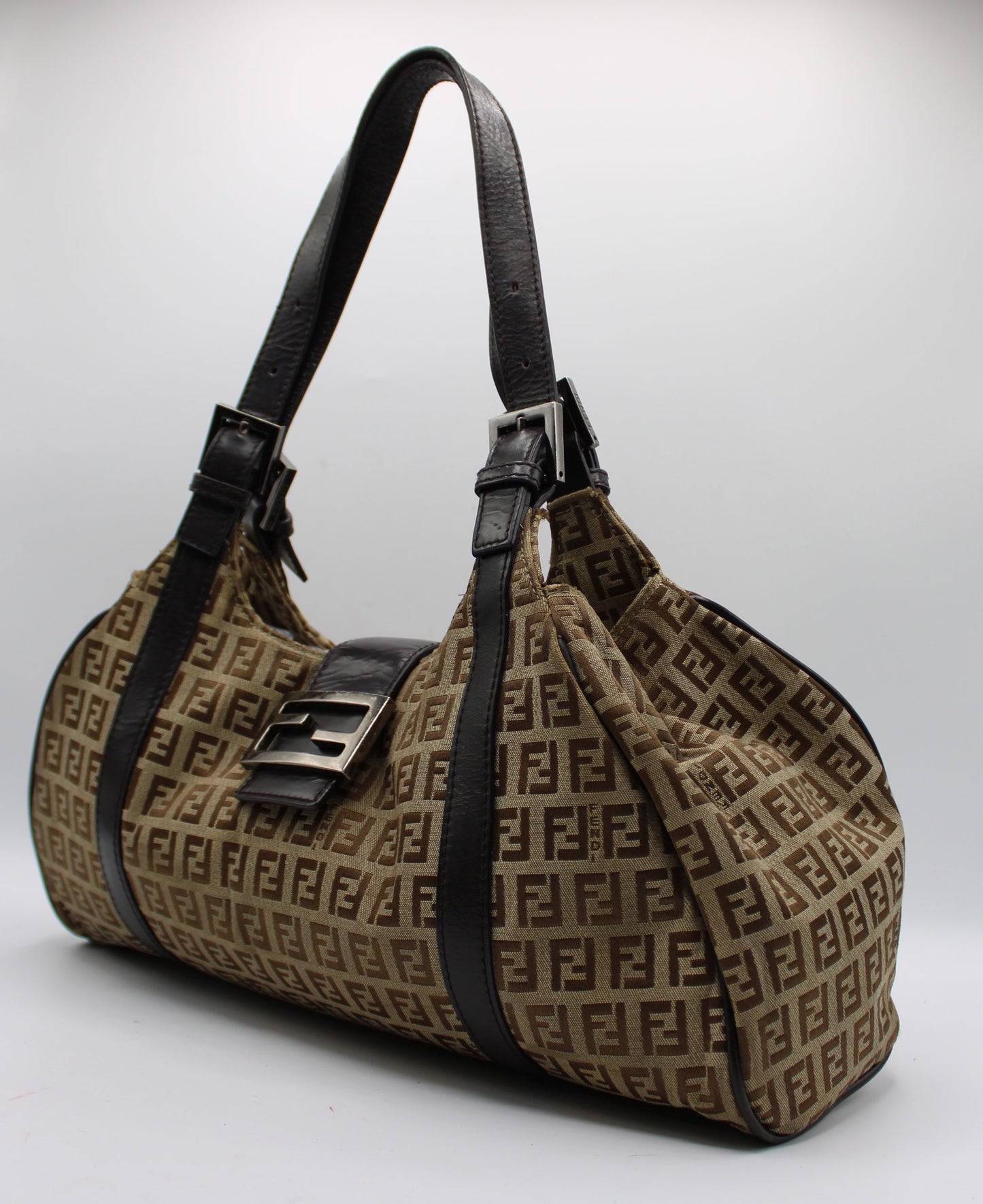 Fendi Brown Zucca Canvas Leather Baguette Shoulder Tote Bag