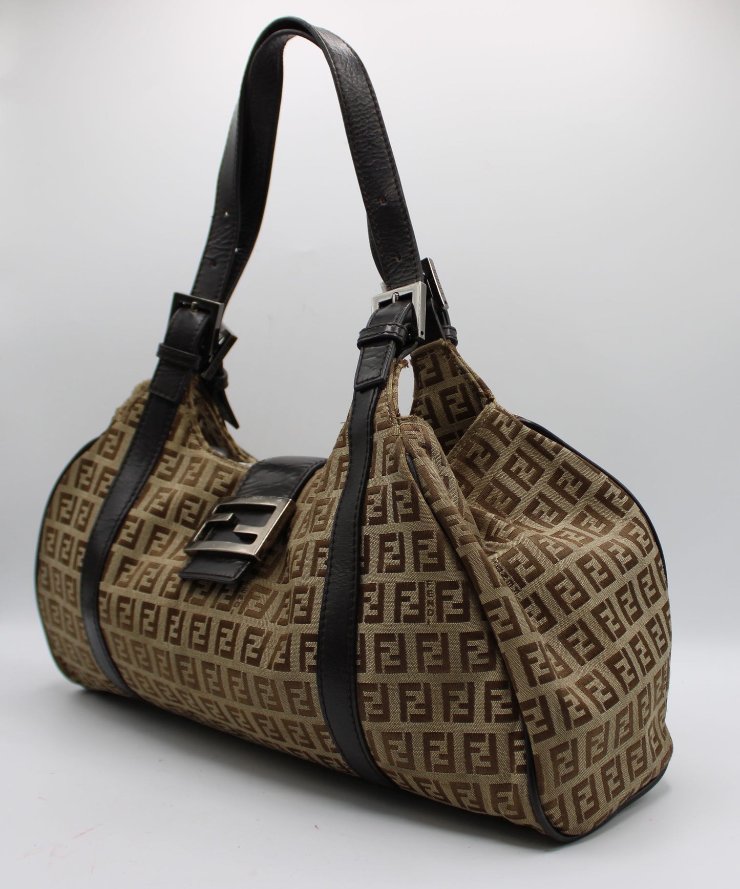 Fendi Brown Zucca Canvas Leather Baguette Shoulder Tote Bag