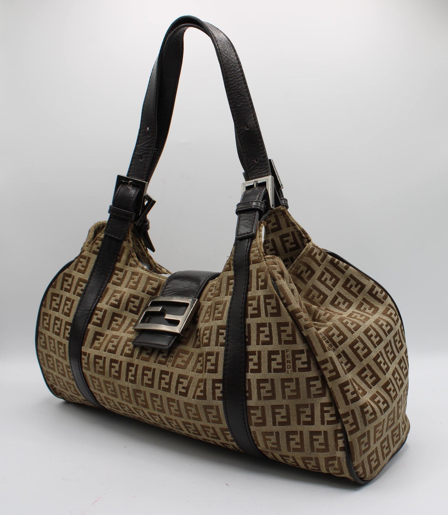 Fendi Brown Zucca Canvas Leather Baguette Shoulder Tote Bag