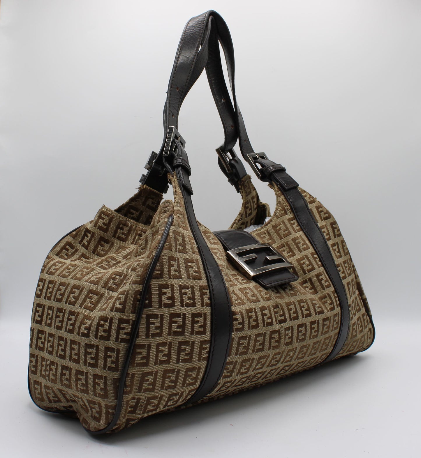 Fendi Brown Zucca Canvas Leather Baguette Shoulder Tote Bag