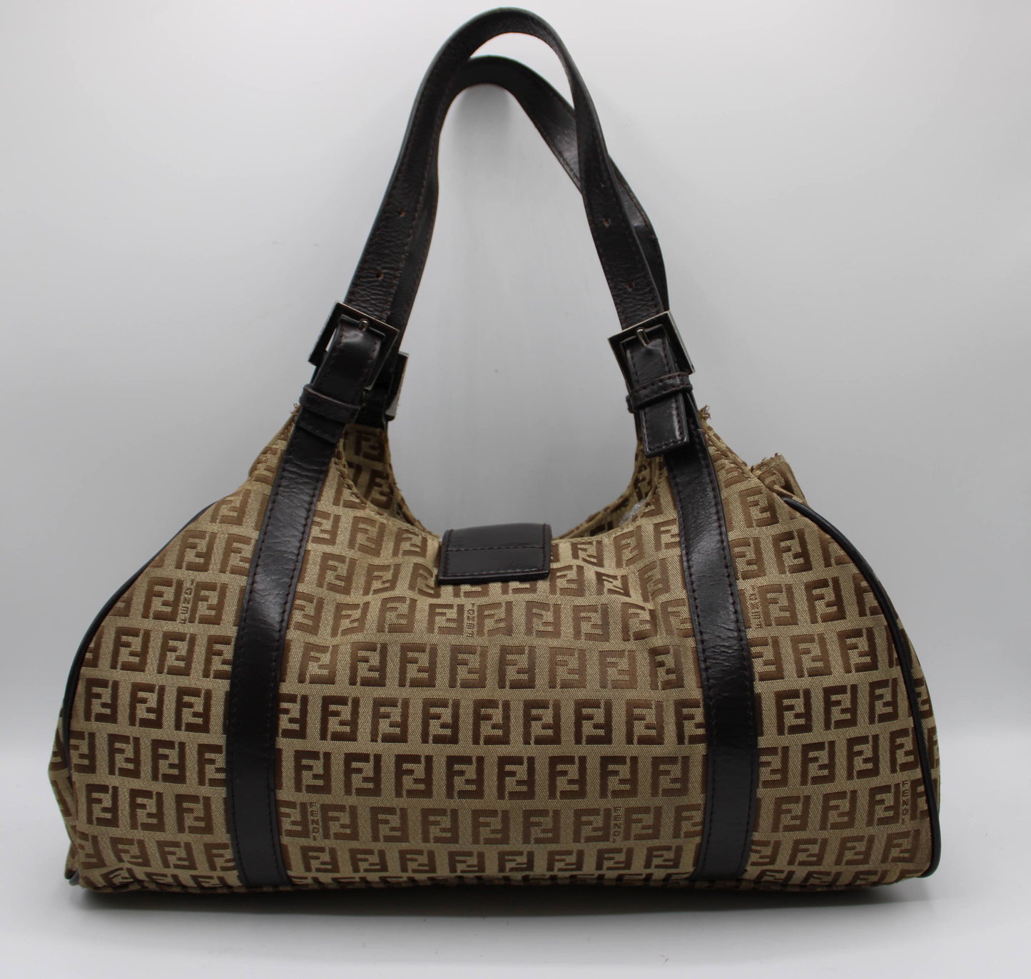 Fendi Brown Zucca Canvas Leather Baguette Shoulder Tote Bag