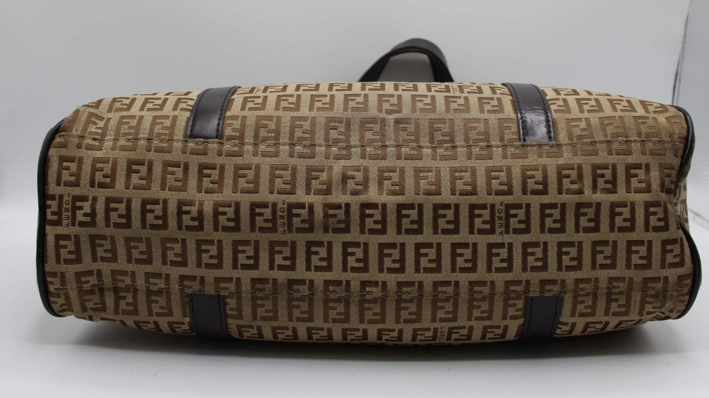 Fendi Brown Zucca Canvas Leather Baguette Shoulder Tote Bag