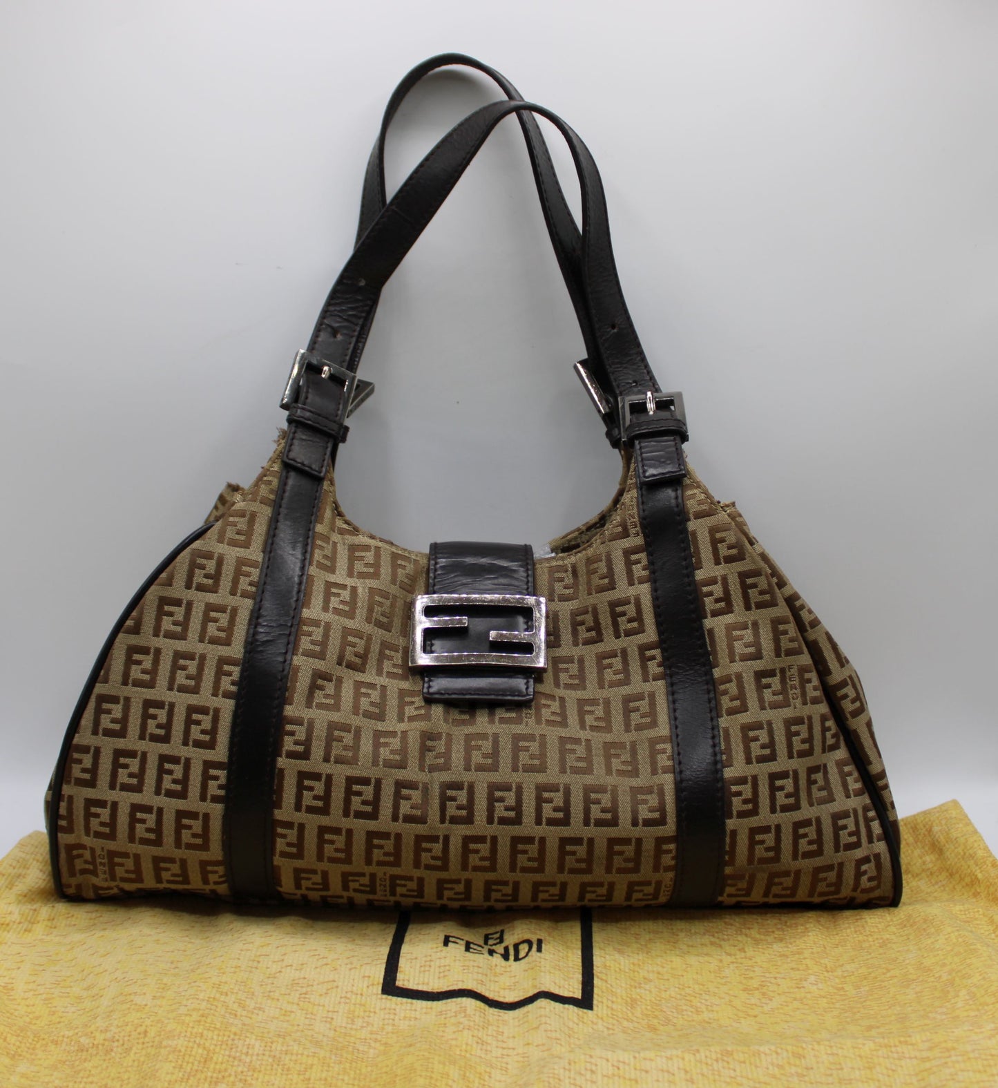 Fendi Brown Zucca Canvas Leather Baguette Shoulder Tote Bag