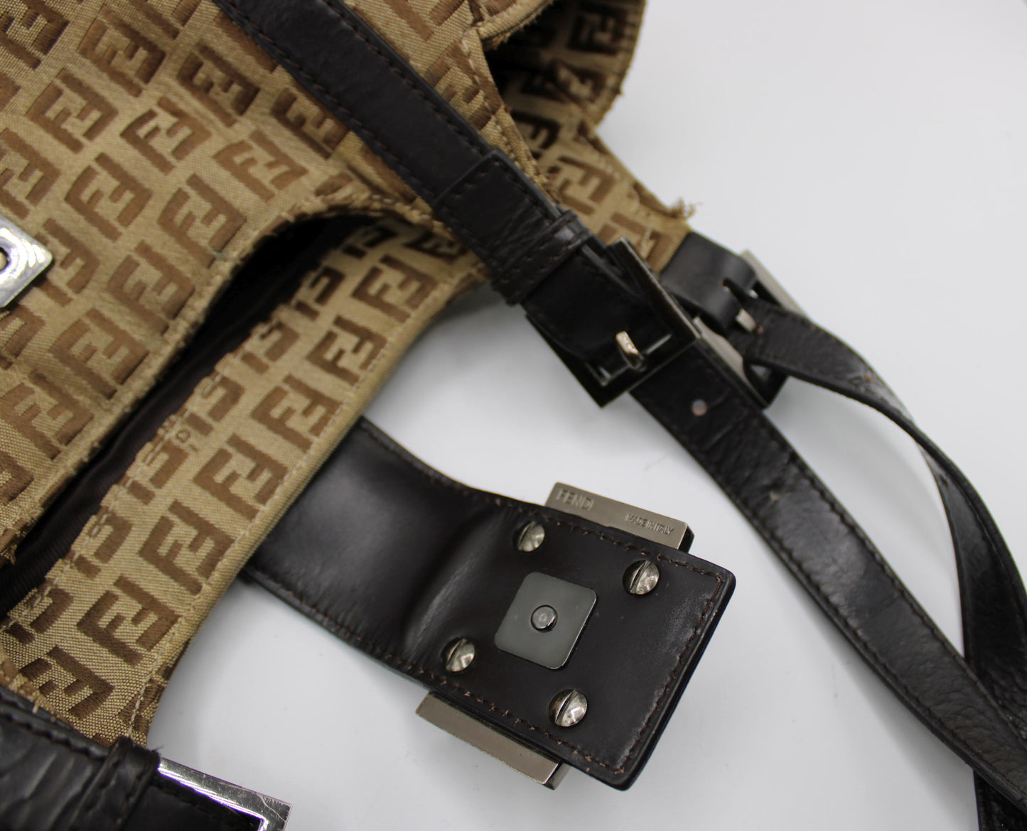 Fendi Brown Zucca Canvas Leather Baguette Shoulder Tote Bag