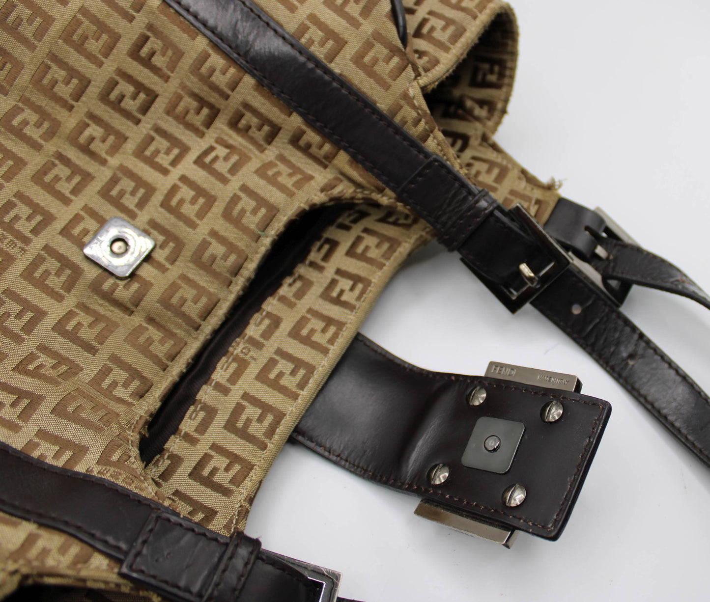 Fendi Brown Zucca Canvas Leather Baguette Shoulder Tote Bag