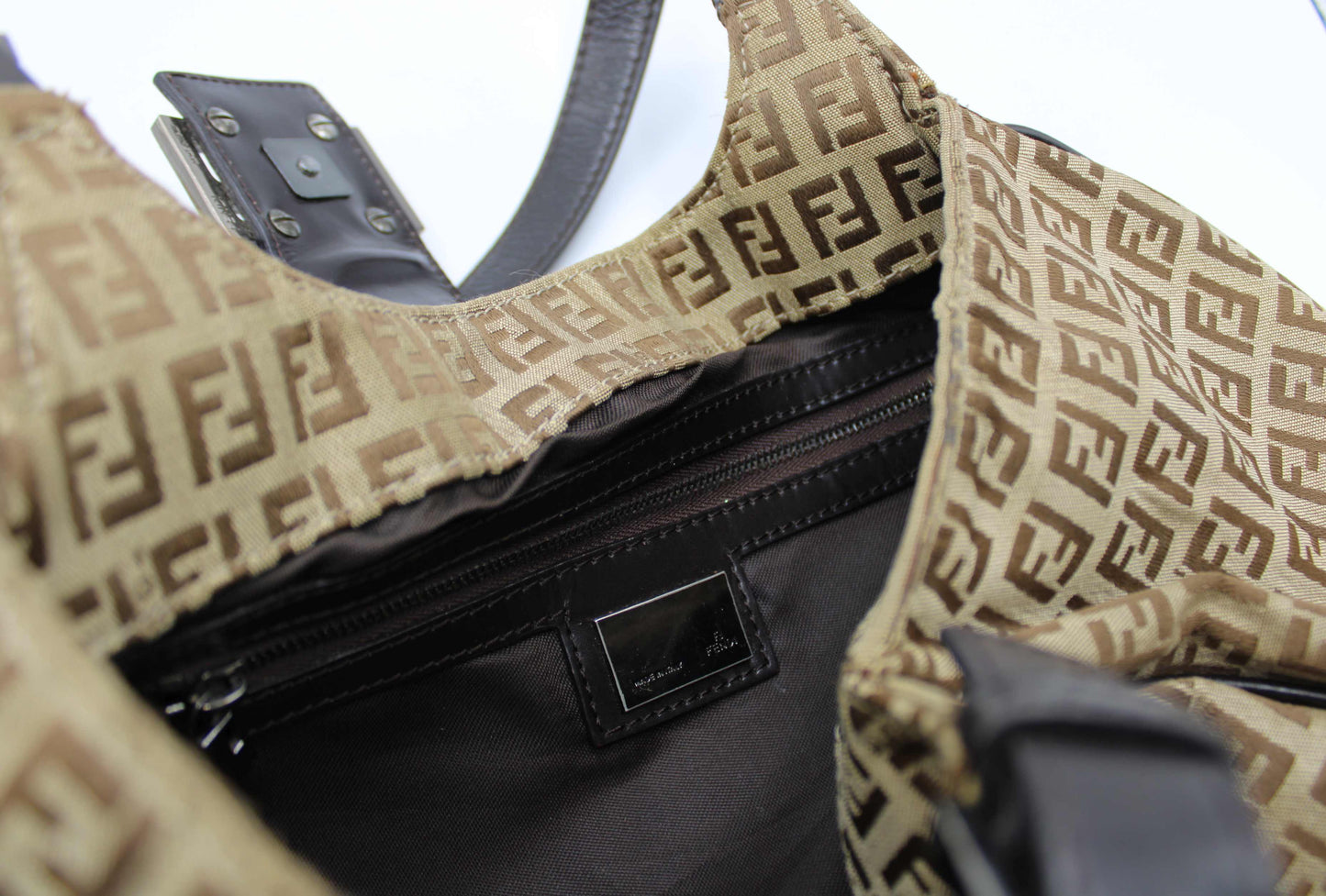 Fendi Brown Zucca Canvas Leather Baguette Shoulder Tote Bag