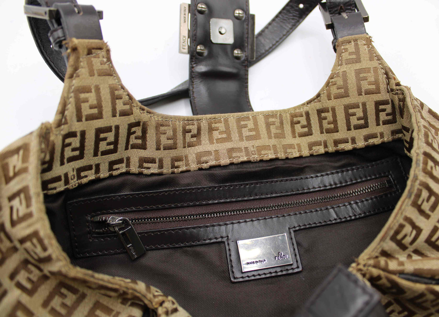 Fendi Brown Zucca Canvas Leather Baguette Shoulder Tote Bag