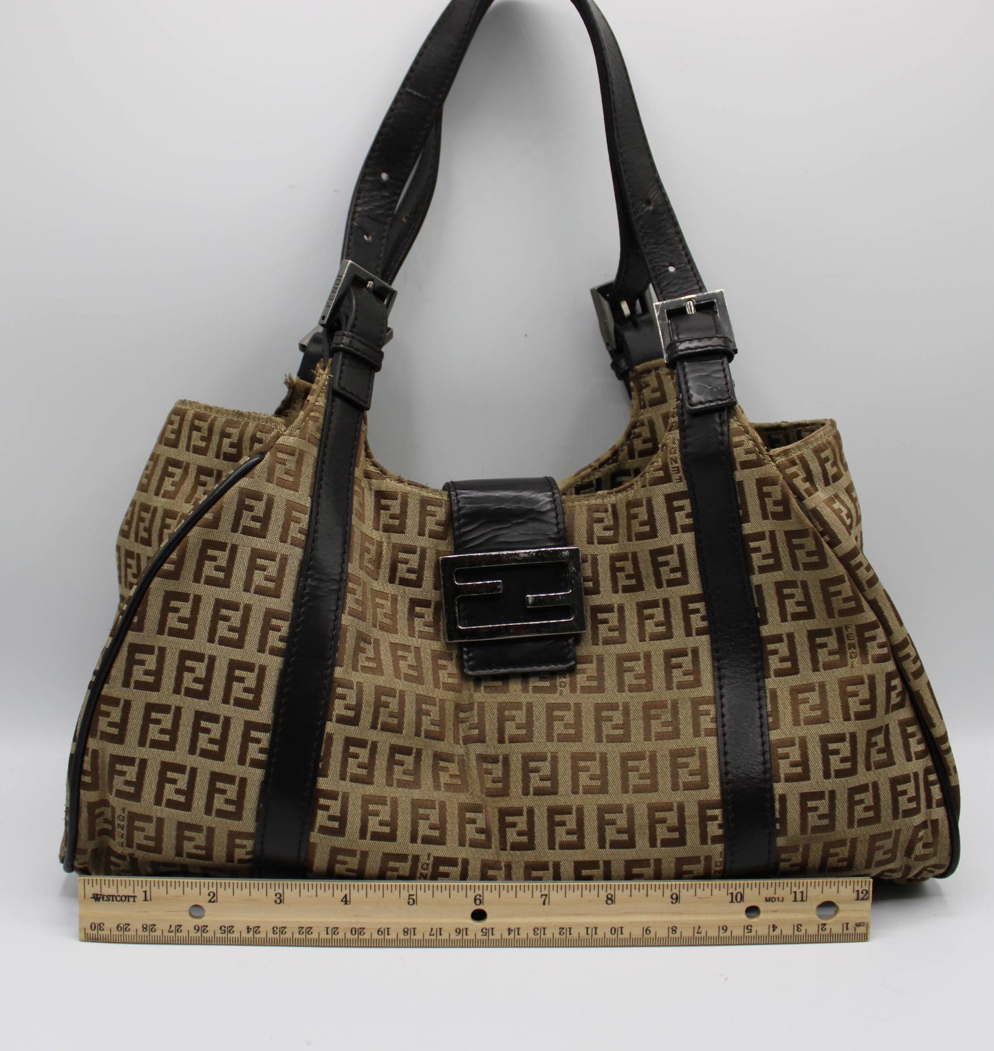 Fendi Brown Zucca Canvas Leather Baguette Shoulder Tote Bag