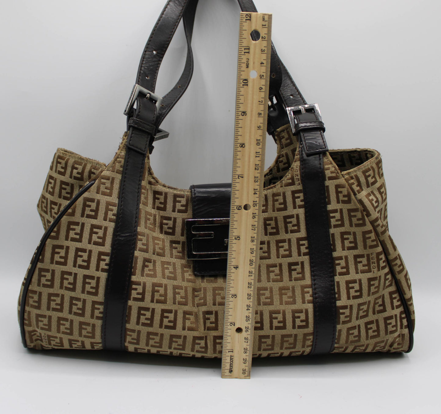 Fendi Brown Zucca Canvas Leather Baguette Shoulder Tote Bag