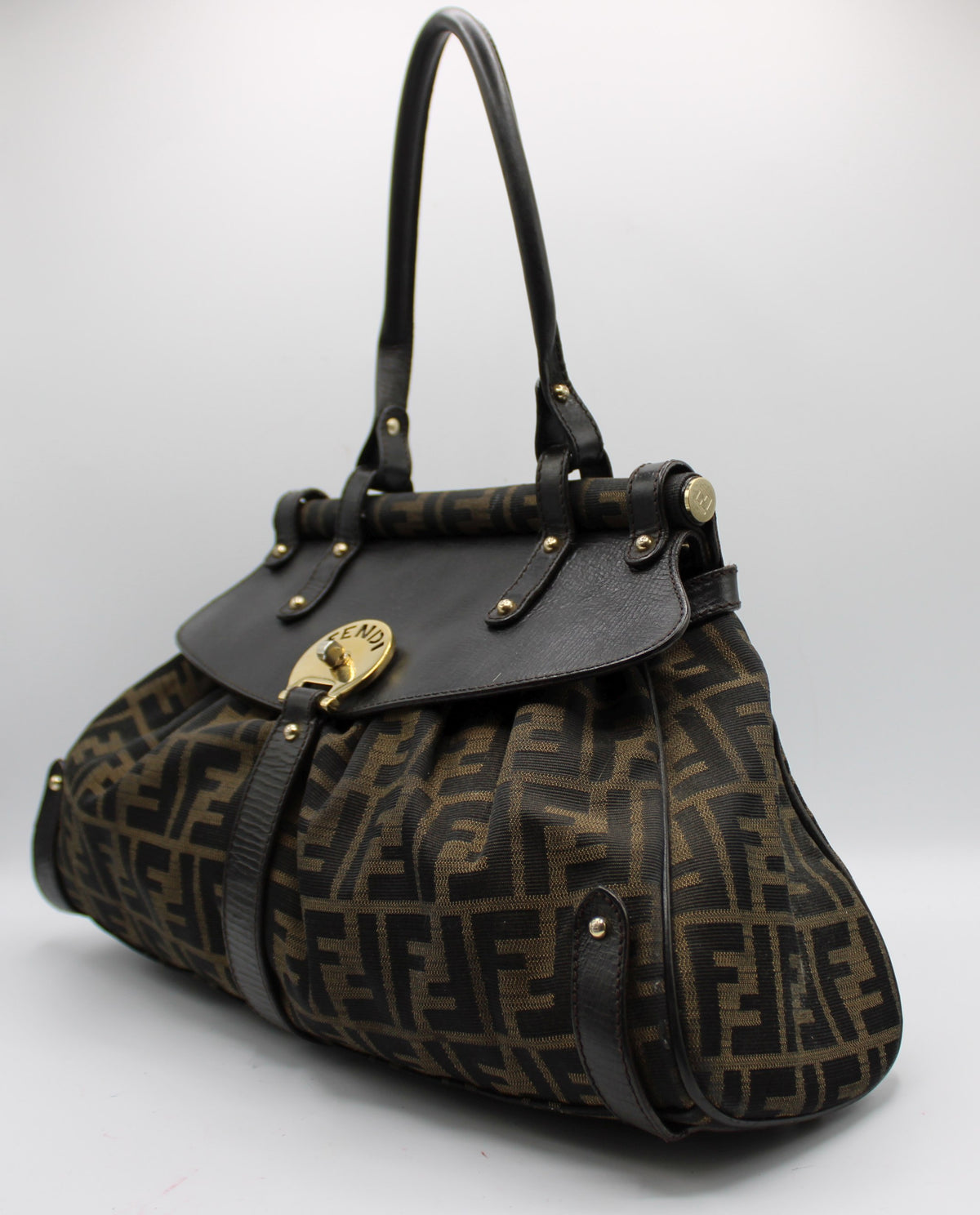 Fendi Brown Zucca Canvas Leather One Handle Flap Bag