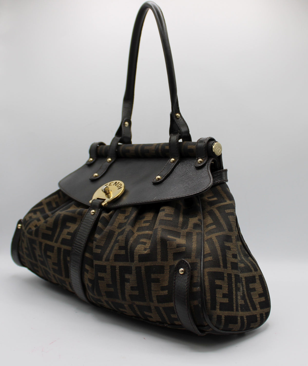 Fendi Brown Zucca Canvas Leather One Handle Flap Bag