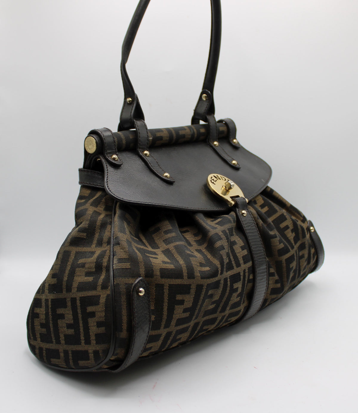 Fendi Brown Zucca Canvas Leather One Handle Flap Bag