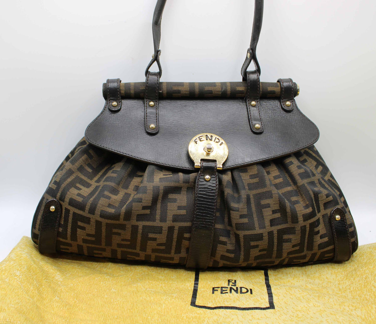 Fendi Brown Zucca Canvas Leather One Handle Flap Bag