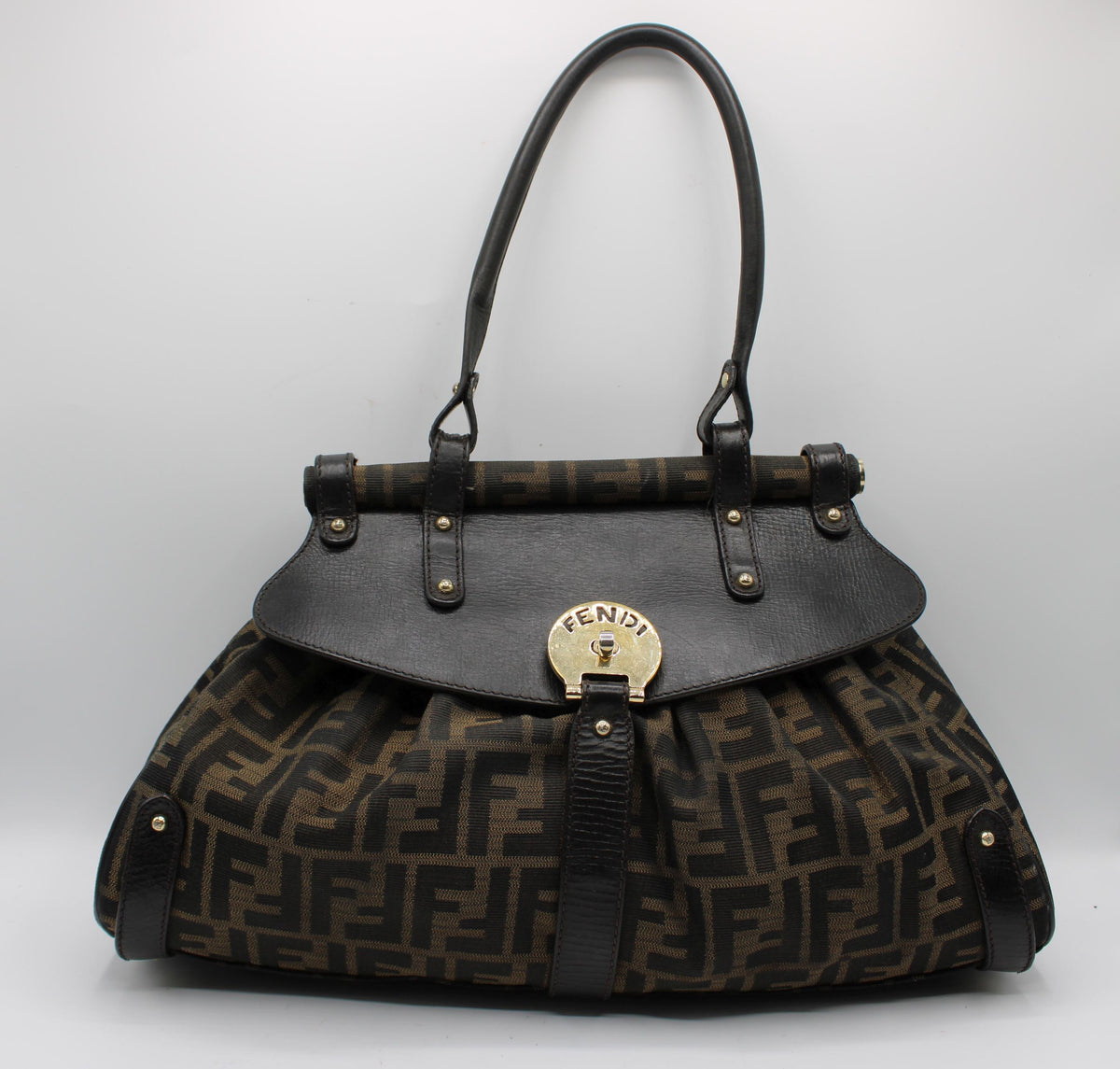 Fendi Brown Zucca Canvas Leather One Handle Flap Bag