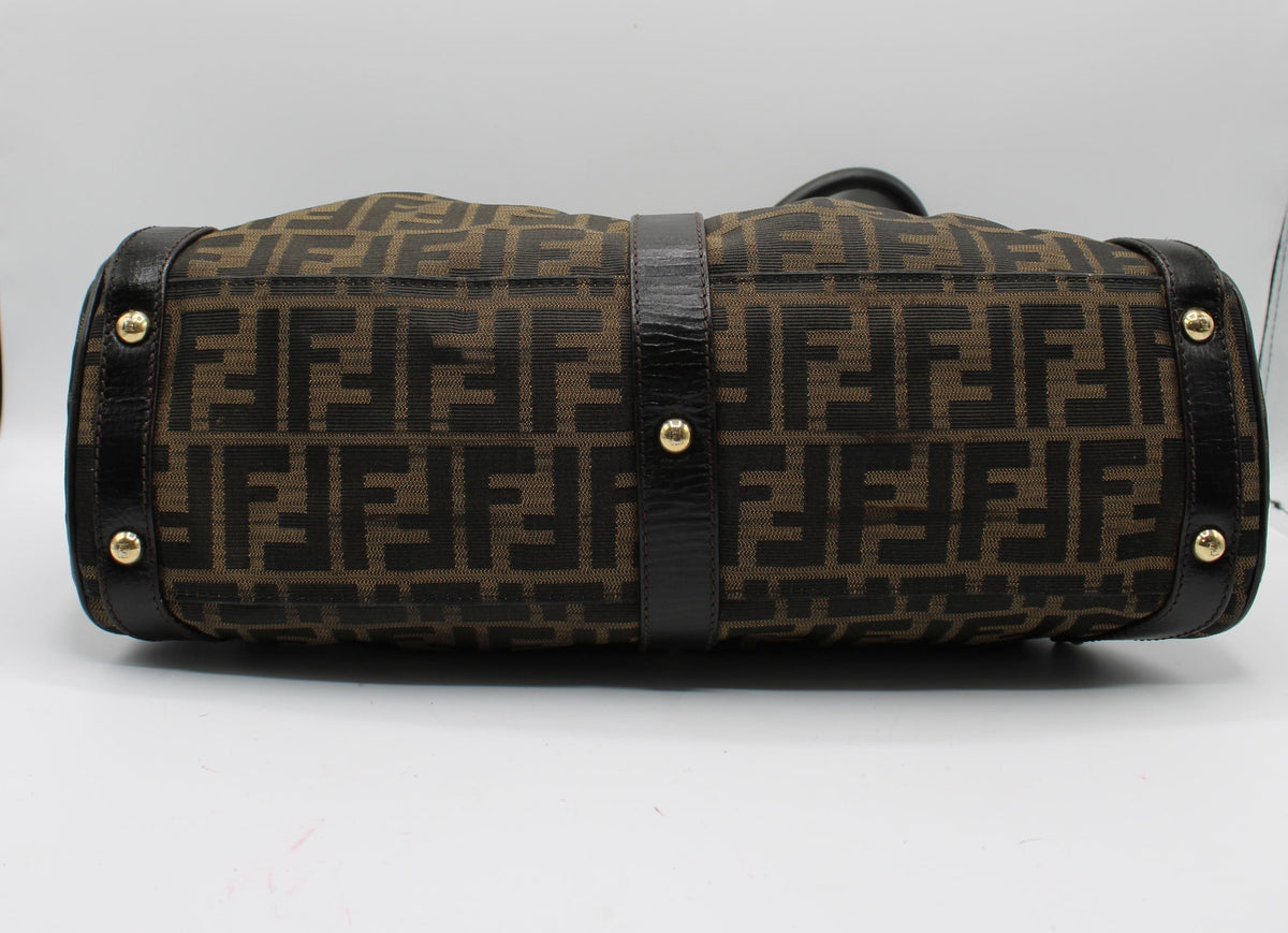 Fendi Brown Zucca Canvas Leather One Handle Flap Bag