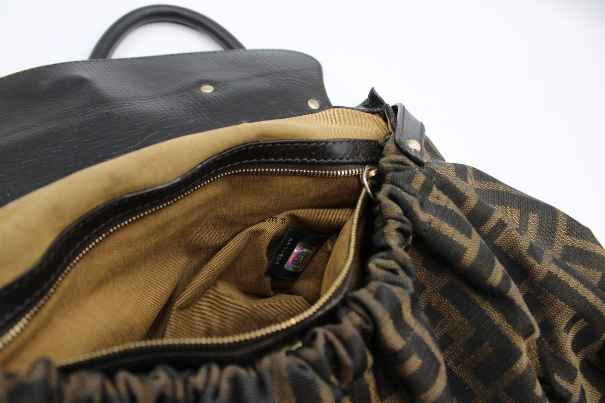 Fendi Brown Zucca Canvas Leather One Handle Flap Bag
