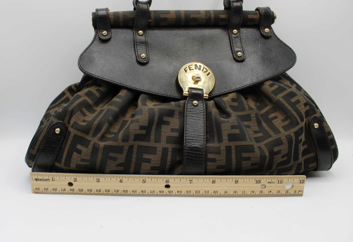 Fendi Brown Zucca Canvas Leather One Handle Flap Bag