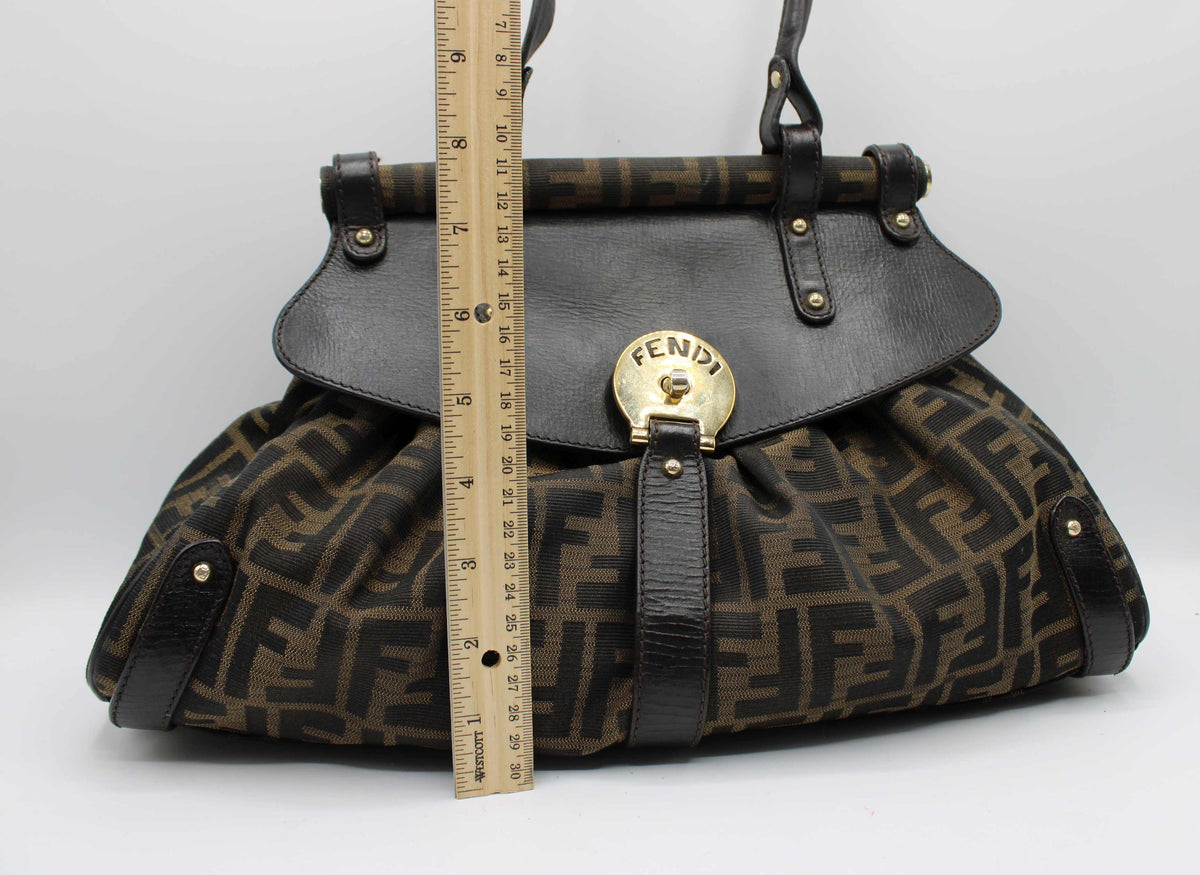 Fendi Brown Zucca Canvas Leather One Handle Flap Bag