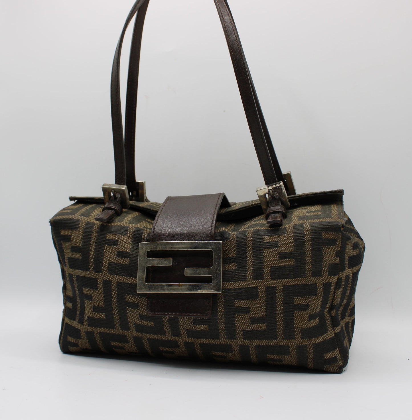 Fendi Brown Zucca Canvas Leather Baguette Shoulder Bag