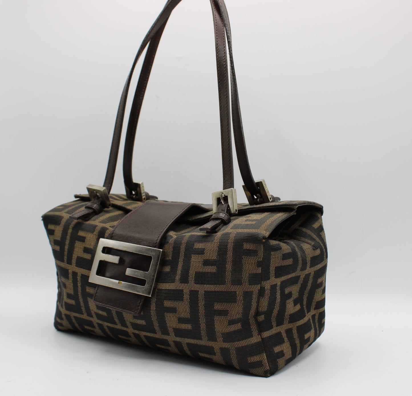 Fendi Brown Zucca Canvas Leather Baguette Shoulder Bag